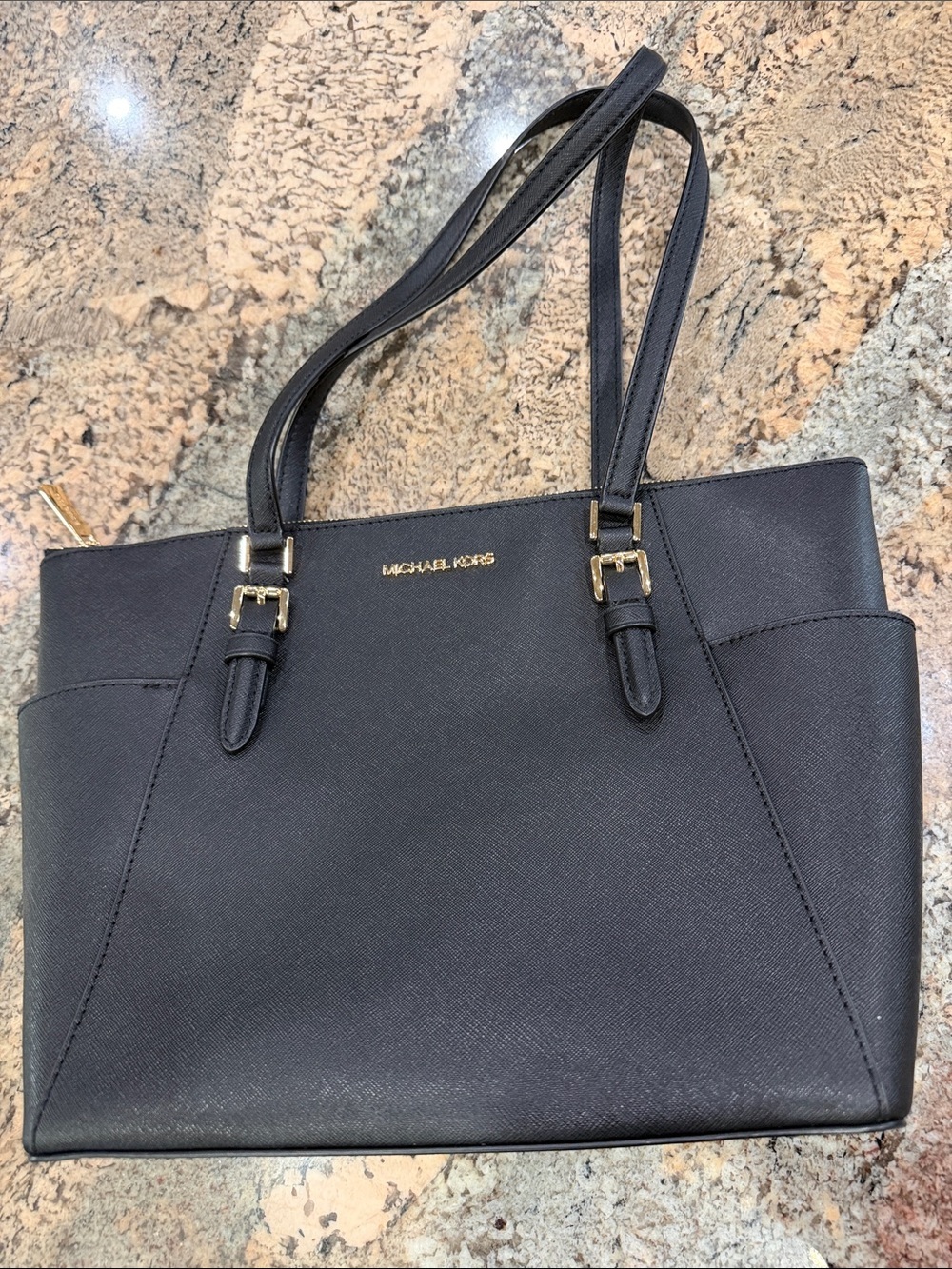 Michael Kors Black Saffiano Double-Handle Tote with Gold Hardware